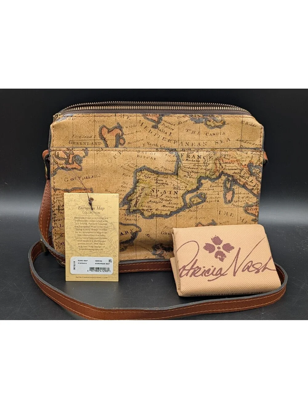 Patricia Nash Nerina Crossbody Bag European Map Leather NWT Dust Bag Included